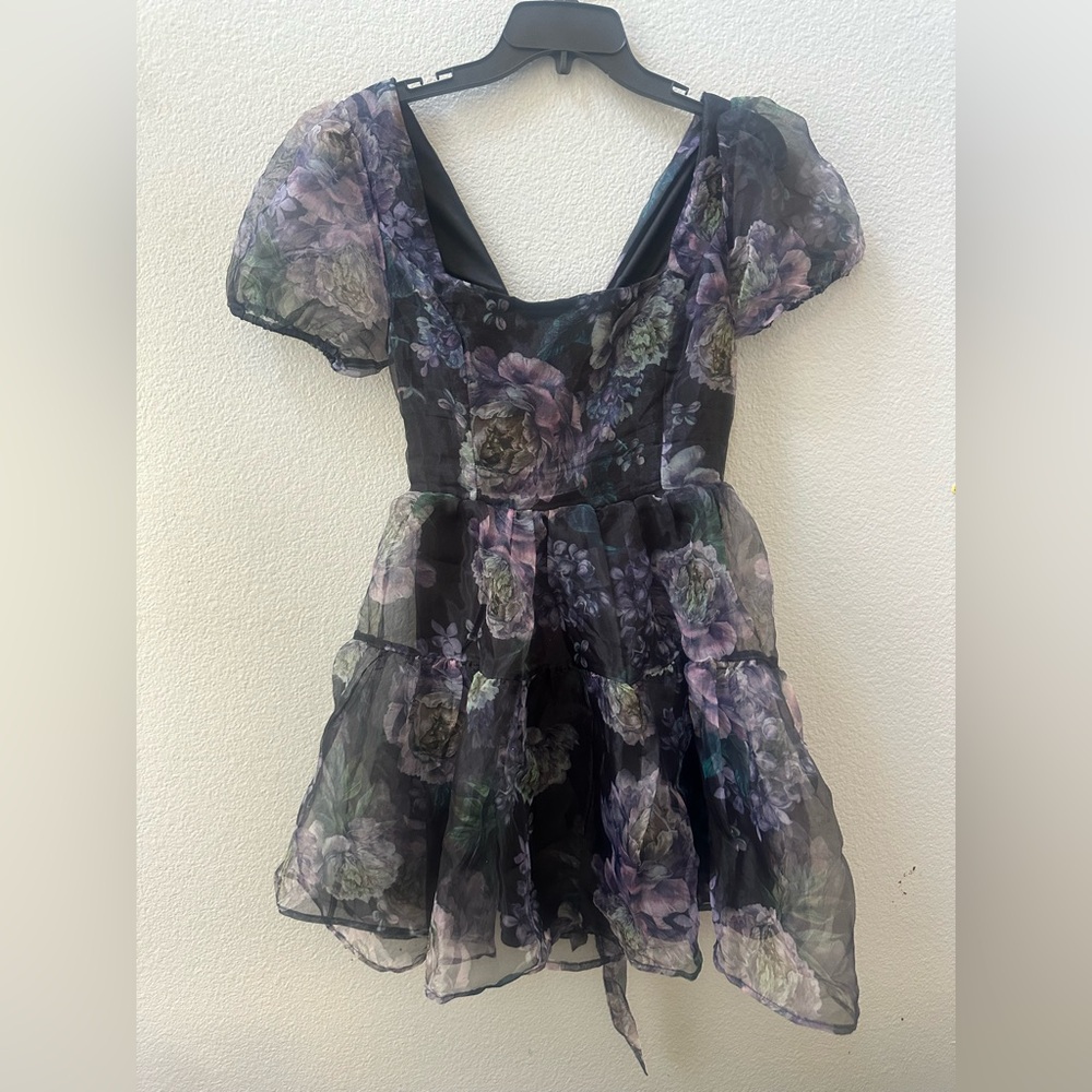 Lulus Exceptional Fate Black Floral Organza Puff Sleeve Mini Dress women’s S - Picture 5 of 9